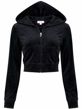 Juicy Couture Black Velour Zip Hoodie Rhinestone Logo Size M